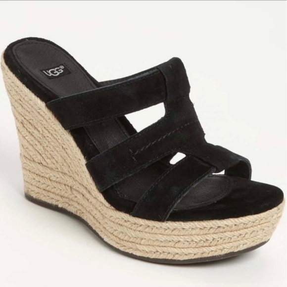 UGG Shoes - Ugg Black Plush Suede Tawnie Wedge Espadrille Sz 6